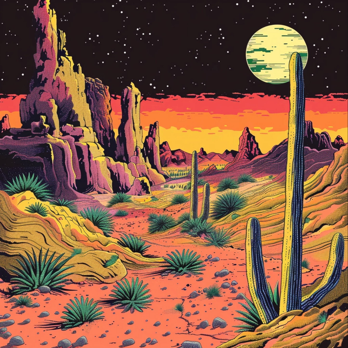 A magical dreamlike desert in the style of Hayao Miyazaki and of Mad Magazine