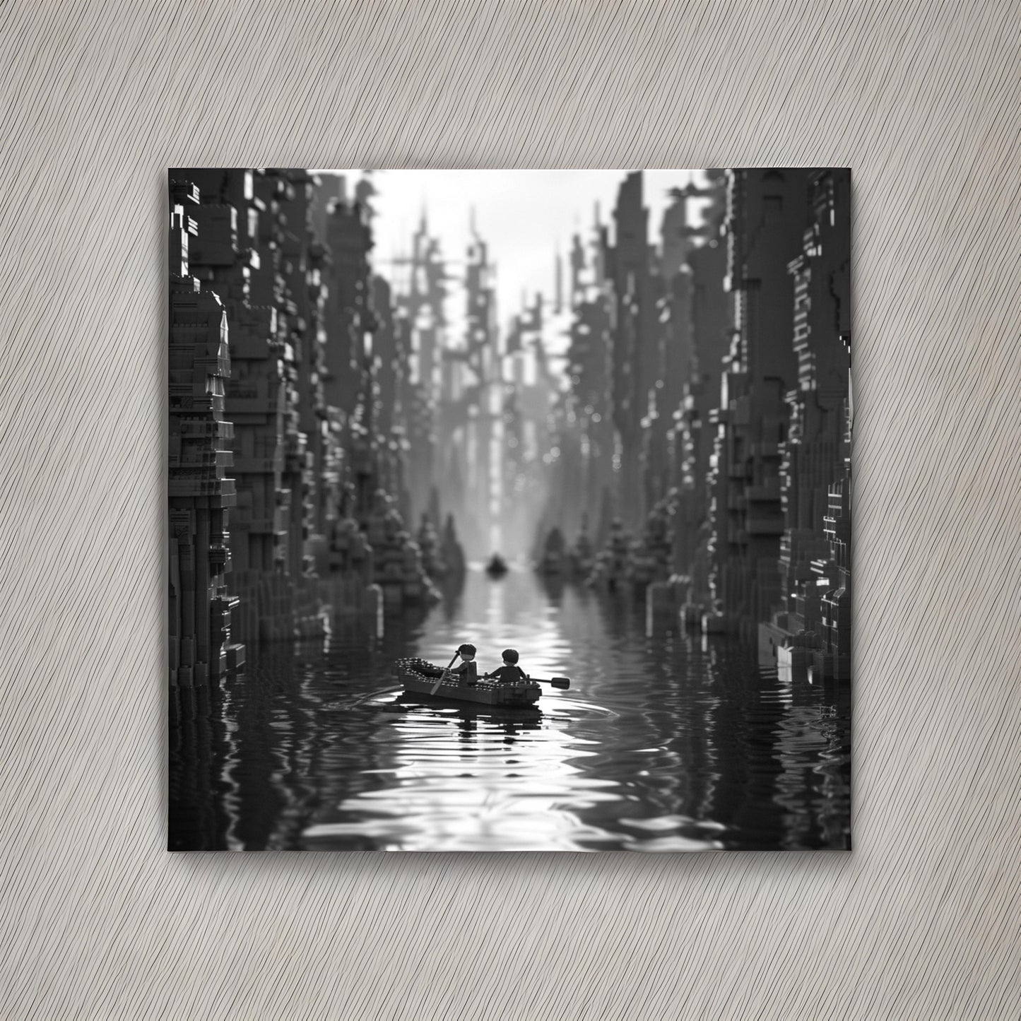 A minimalist black and white shot of rafting
