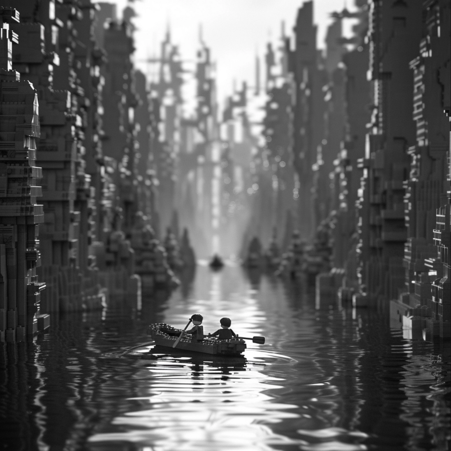 A minimalist black and white shot of rafting