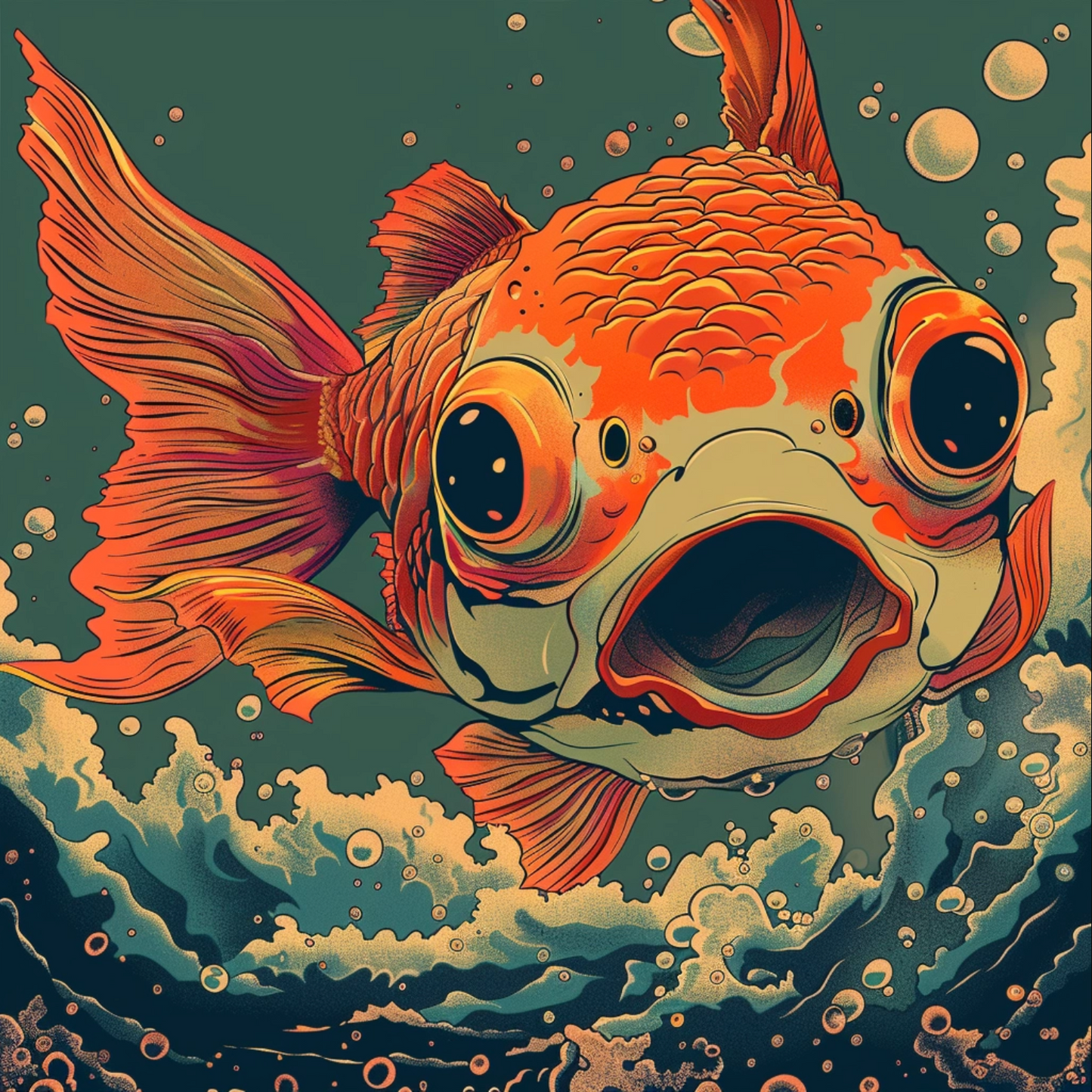 A whimsical retro comic book goldfish animal in the style of Mad Magazine