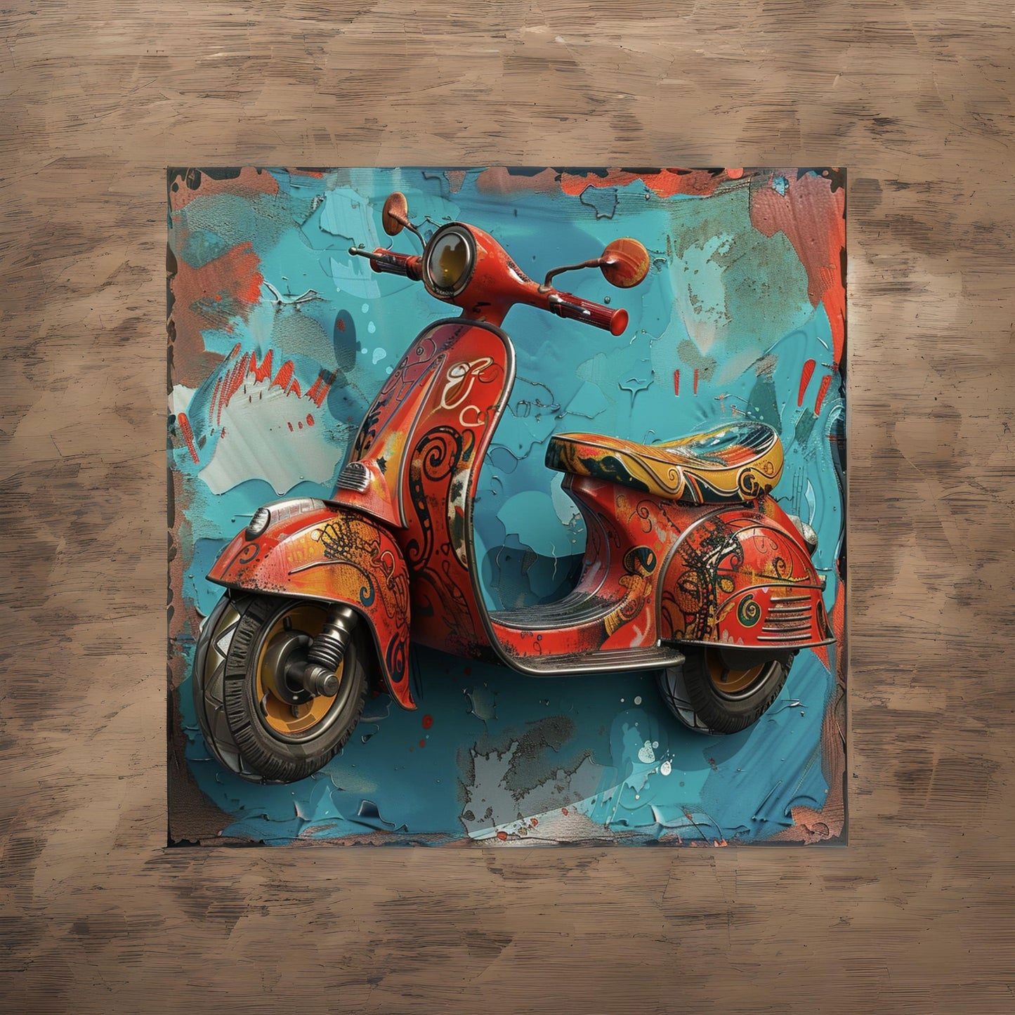 A whimsical retro comic book scooter motorcycle in the style of Mad Magazine