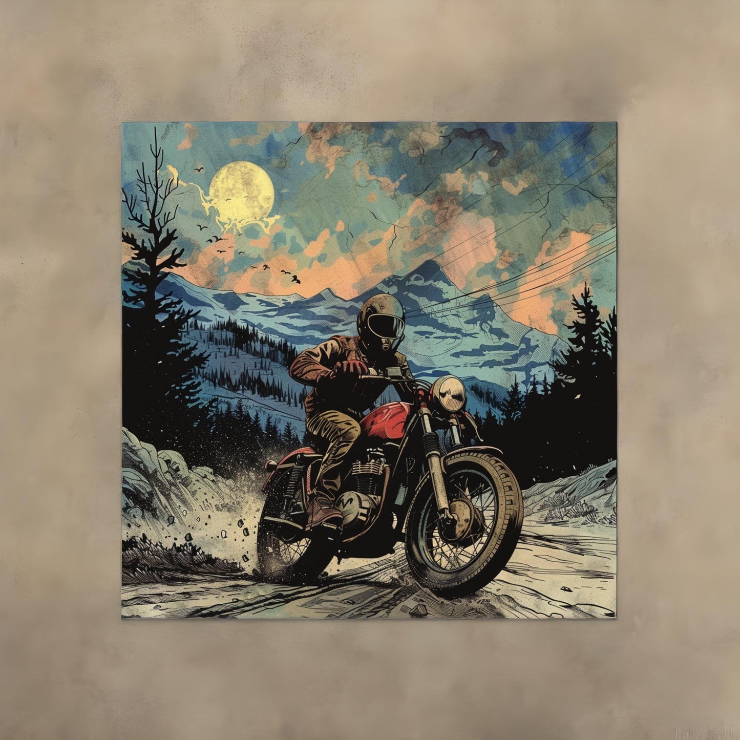 A whimsical retro comic book trails motorcycle in the style of Mad Magazine