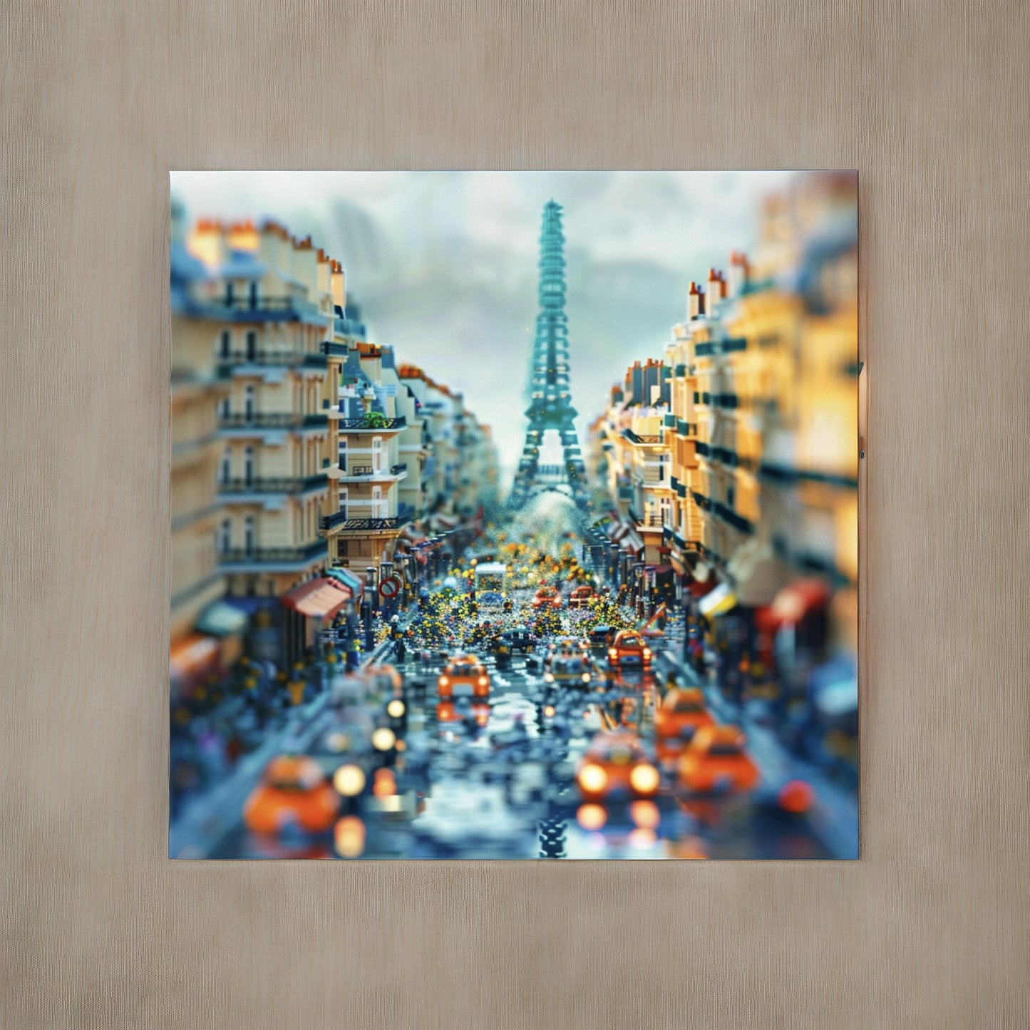 An abstract photo of Paris driving through a sea of Legos