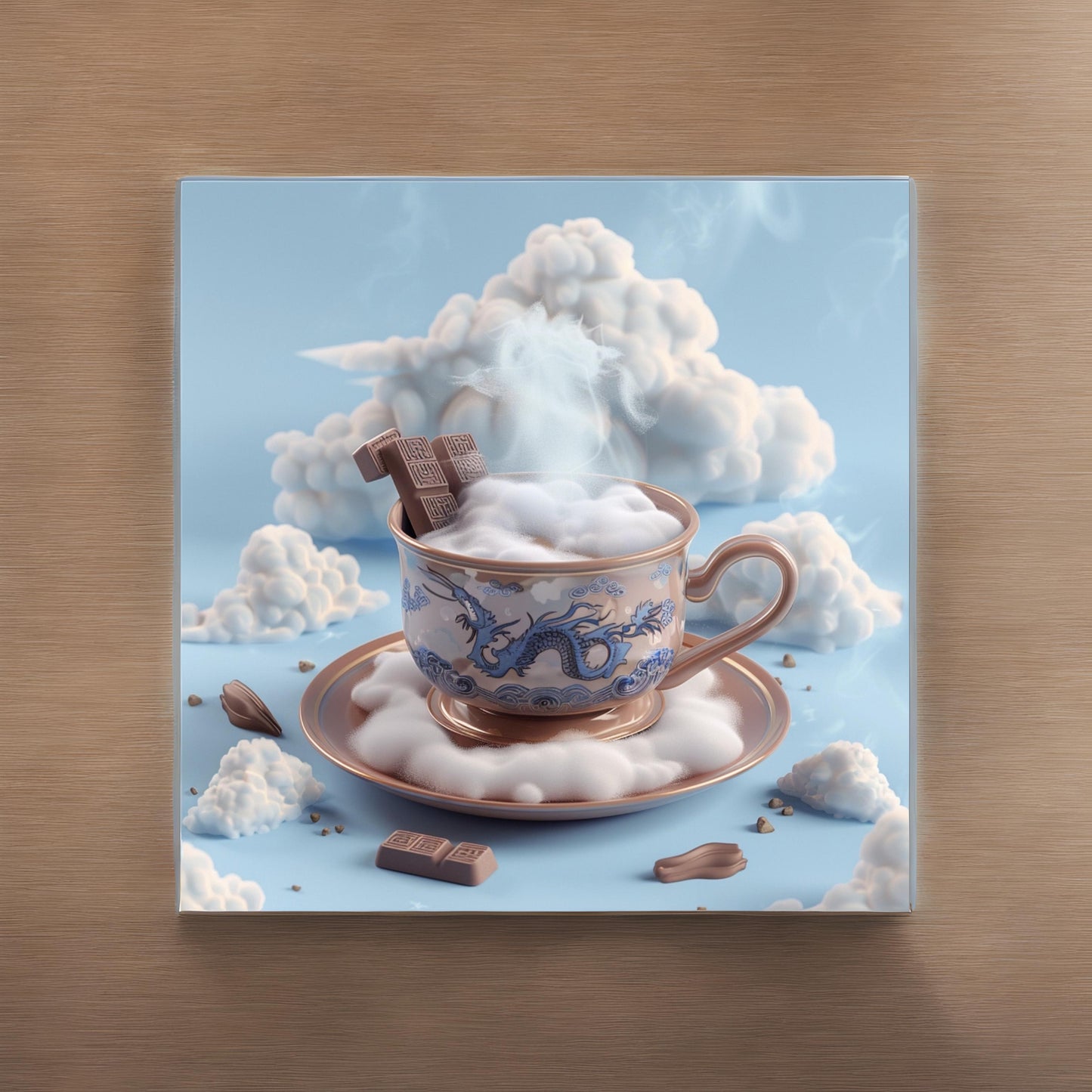 Chinese illustration of hot chocolate on blue background