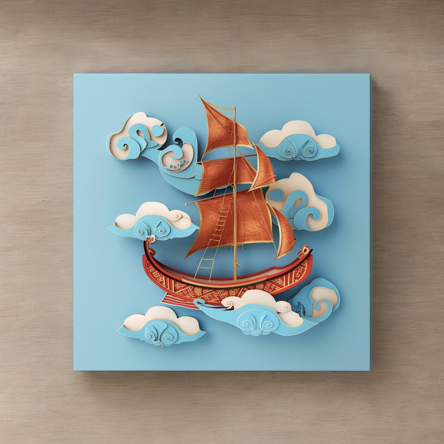 Chinese illustration of sailboat on blue background