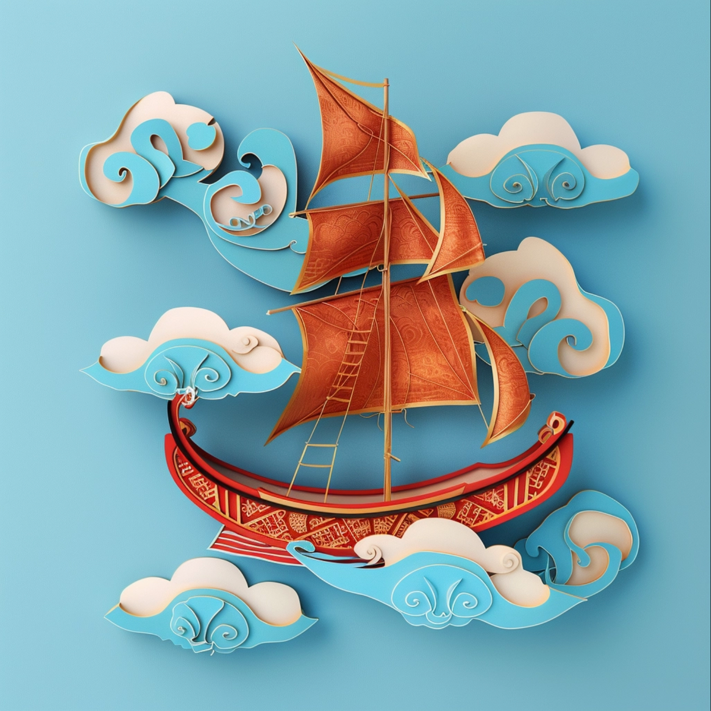 Chinese illustration of sailboat on blue background