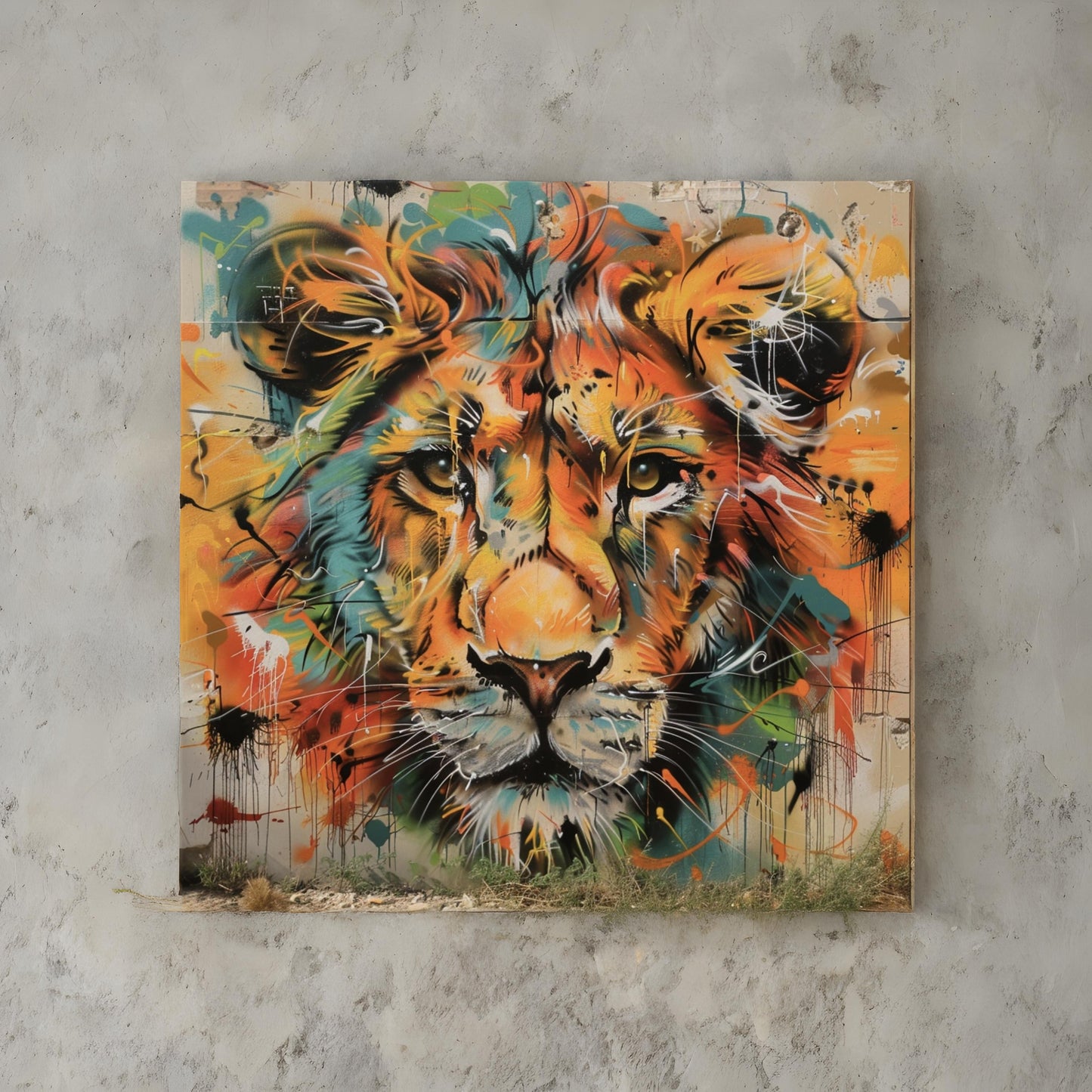 Graffiti art of cartoon representing lion animal
