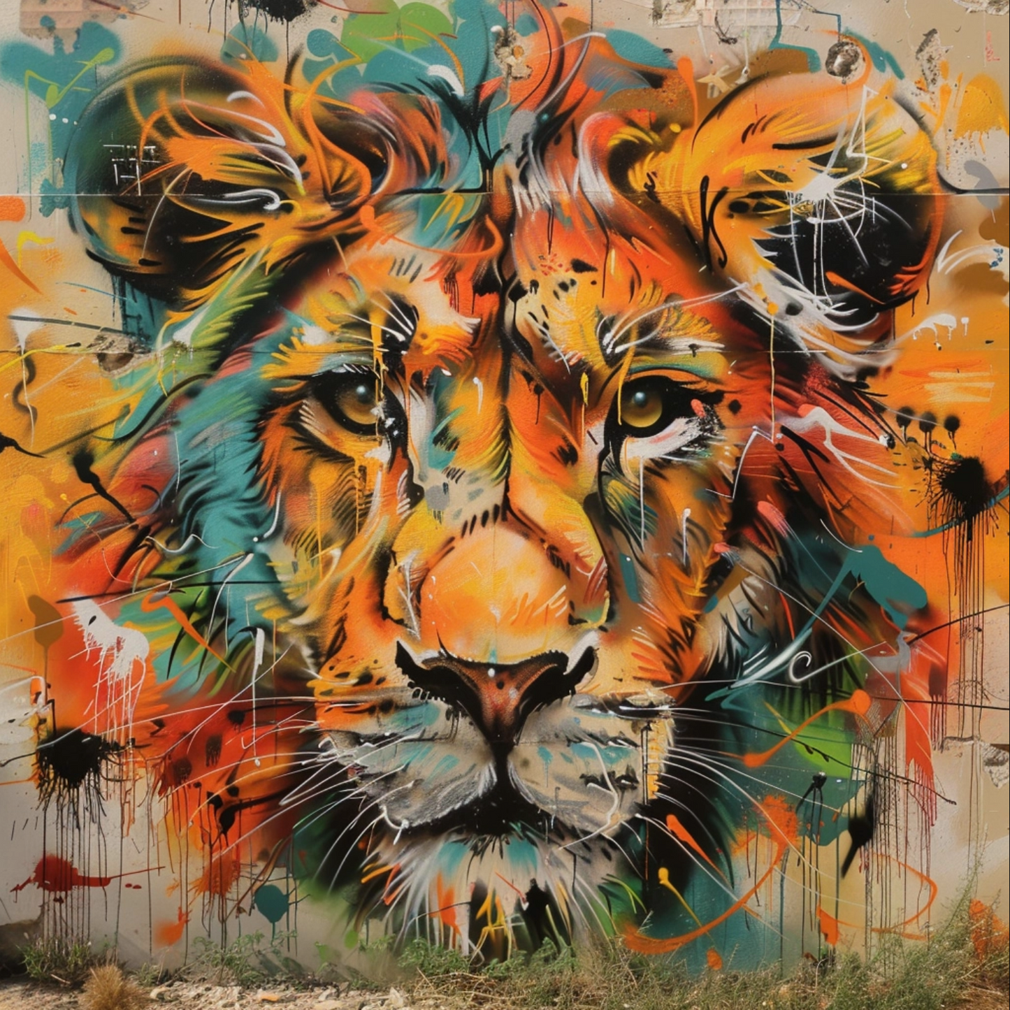 Graffiti art of cartoon representing lion animal