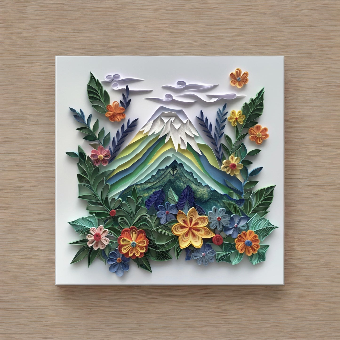 Mountain with leaves and flowers