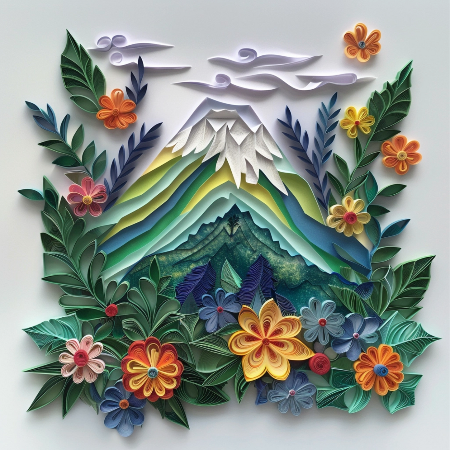 Mountain with leaves and flowers