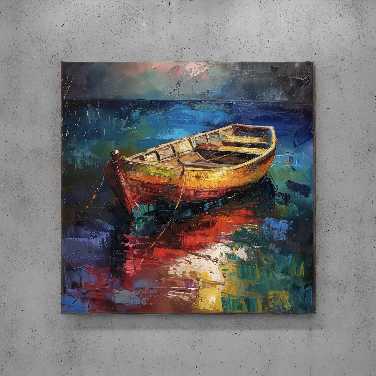 Oil painting on canvas in the baroque style of canoe boat