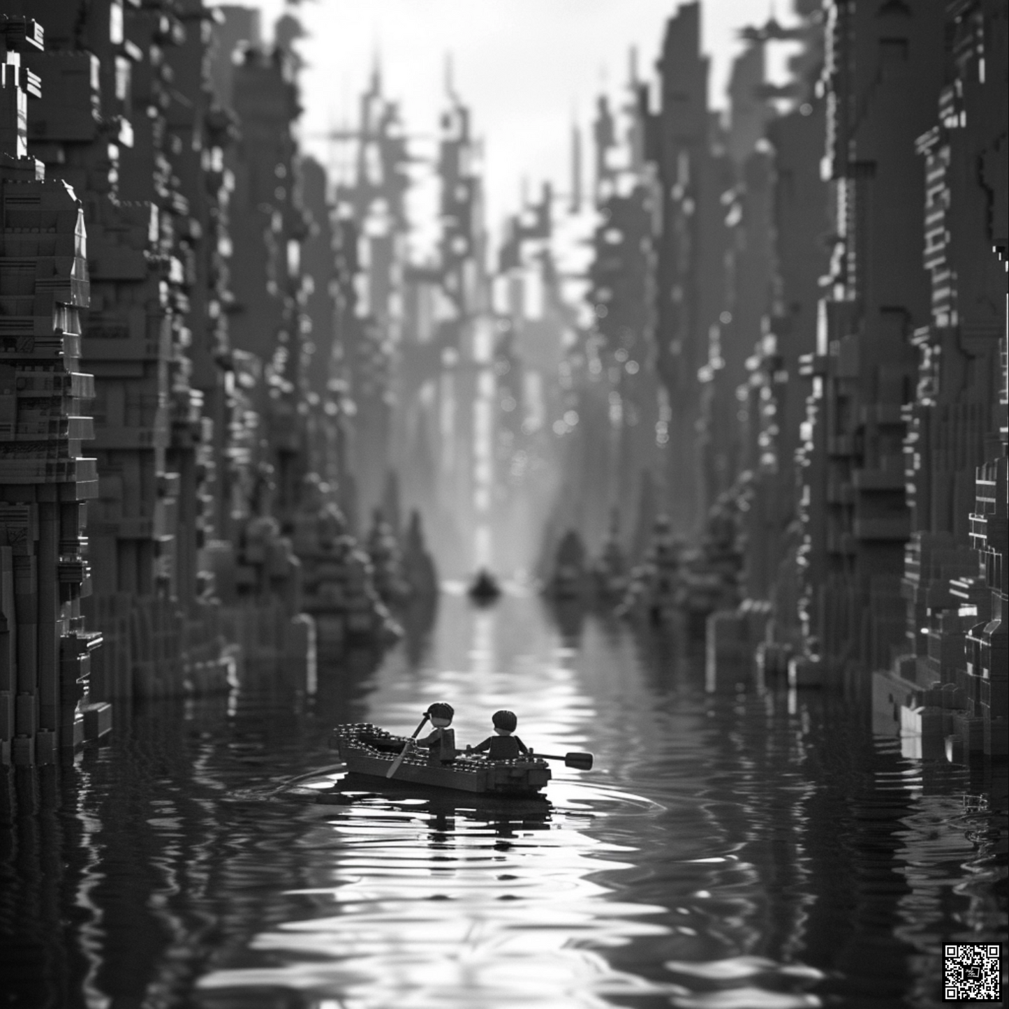 A minimalist black and white shot of rafting