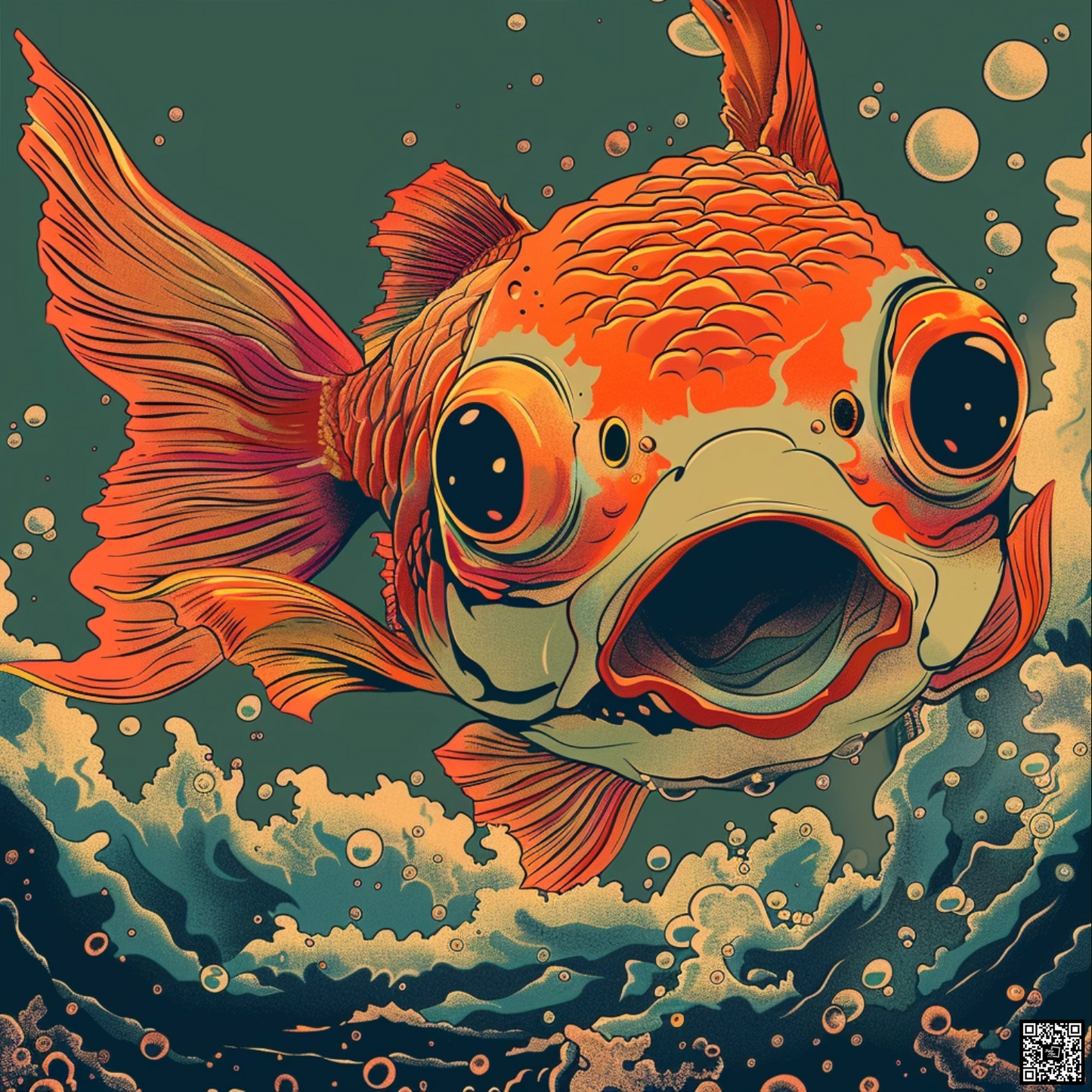 A whimsical retro comic book goldfish animal in the style of Mad Magazine