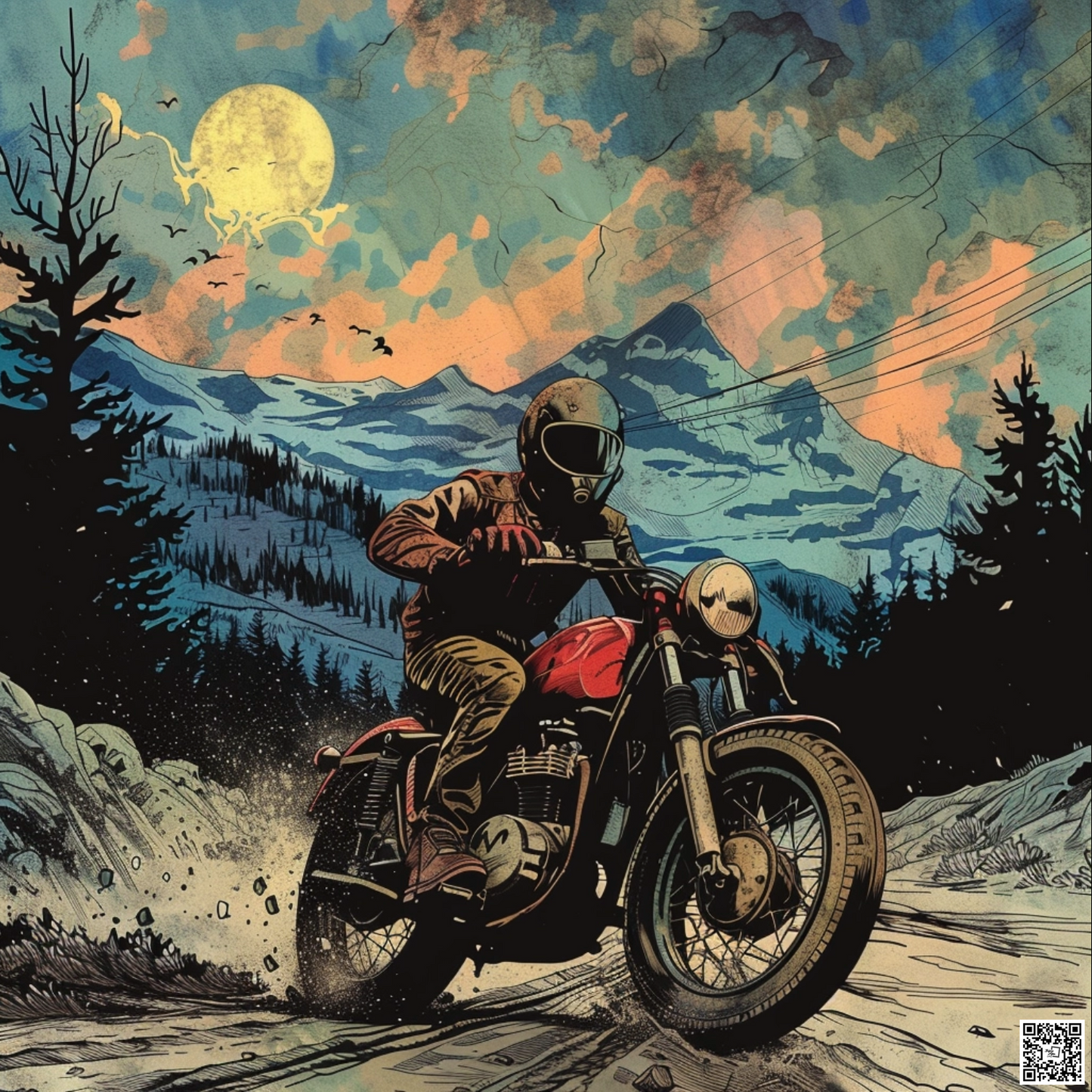 A whimsical retro comic book trails motorcycle in the style of Mad Magazine