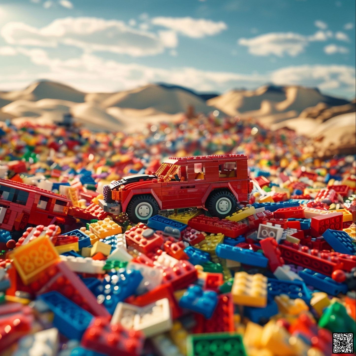 An abstract photo of desert driving through a sea of Legos
