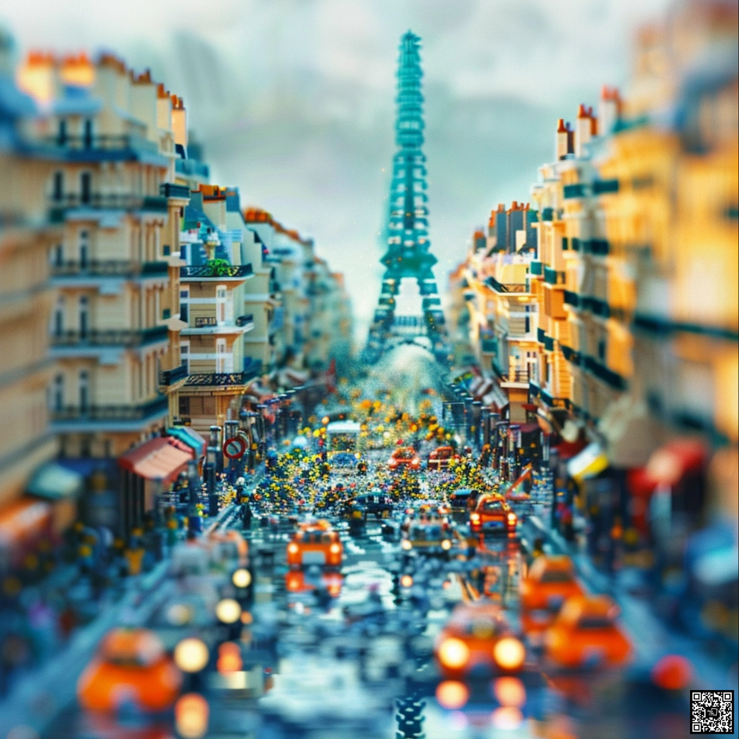 An abstract photo of Paris driving through a sea of Legos