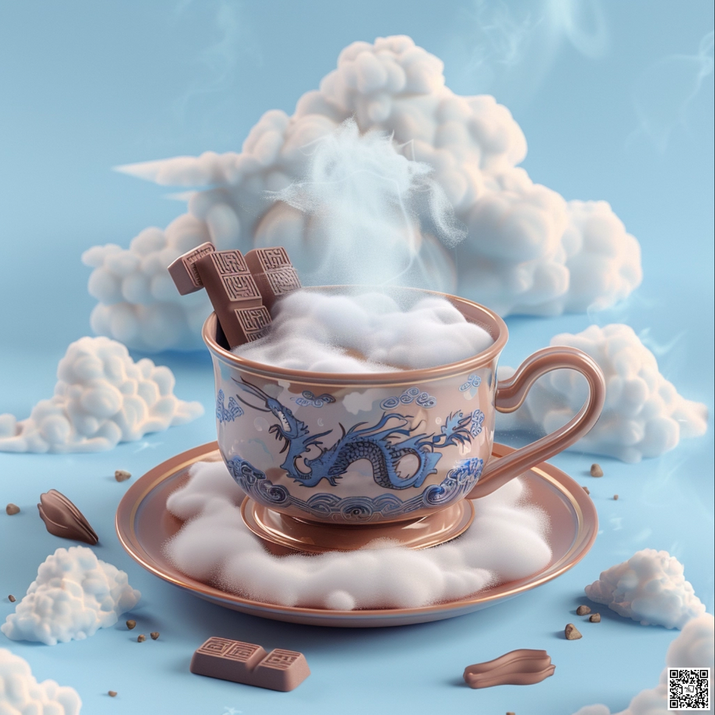 Chinese illustration of hot chocolate on blue background