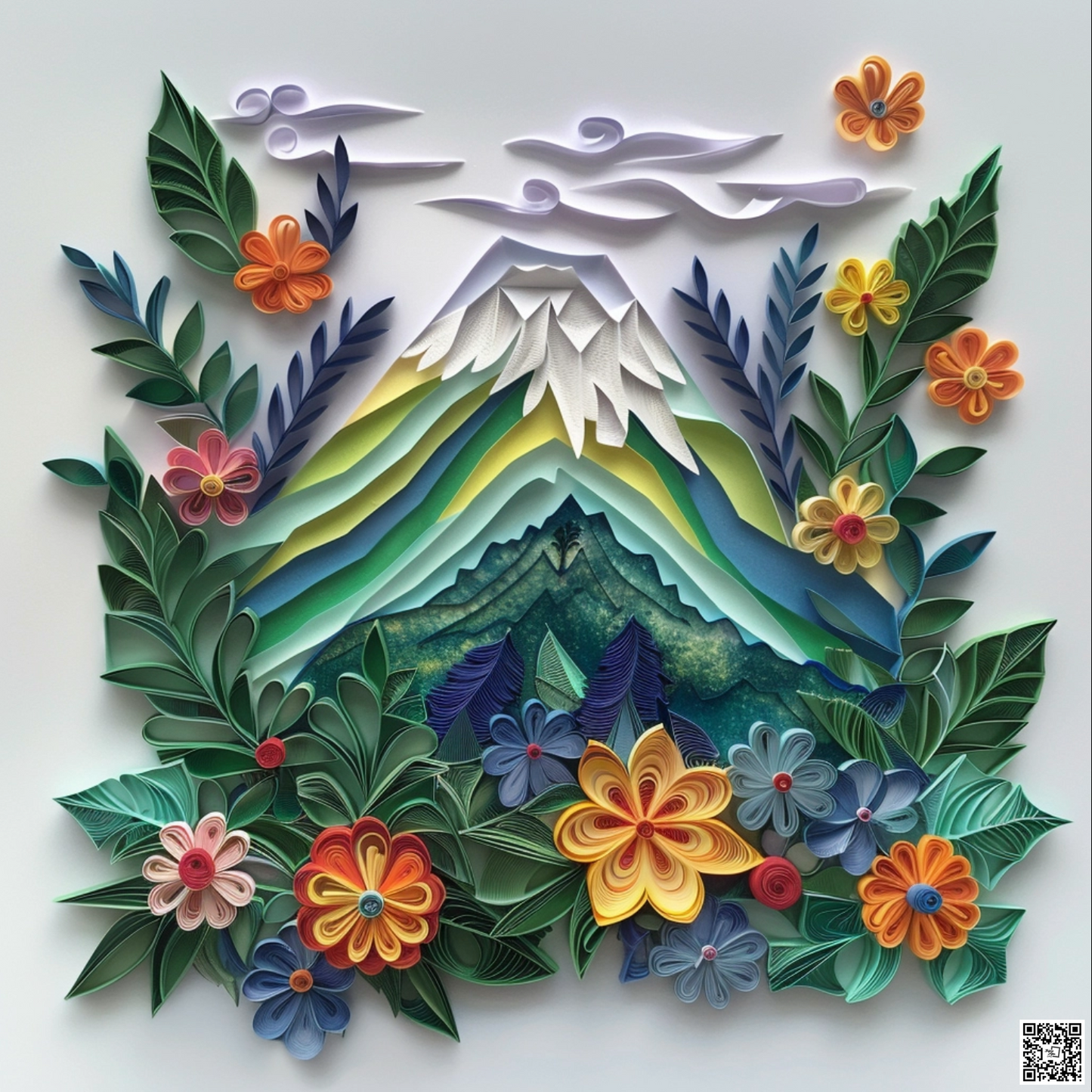 Mountain with leaves and flowers