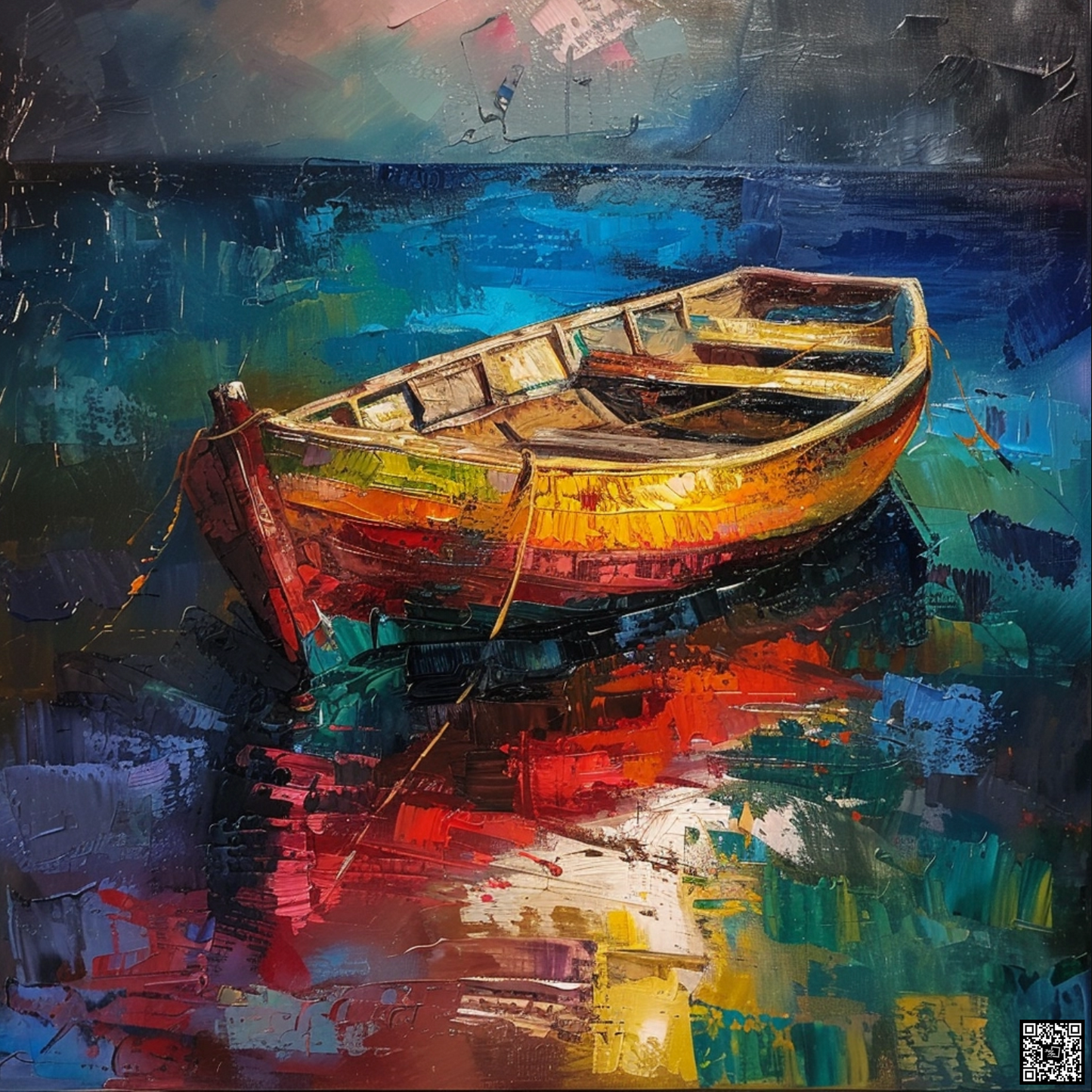 Oil painting on canvas in the baroque style of canoe boat