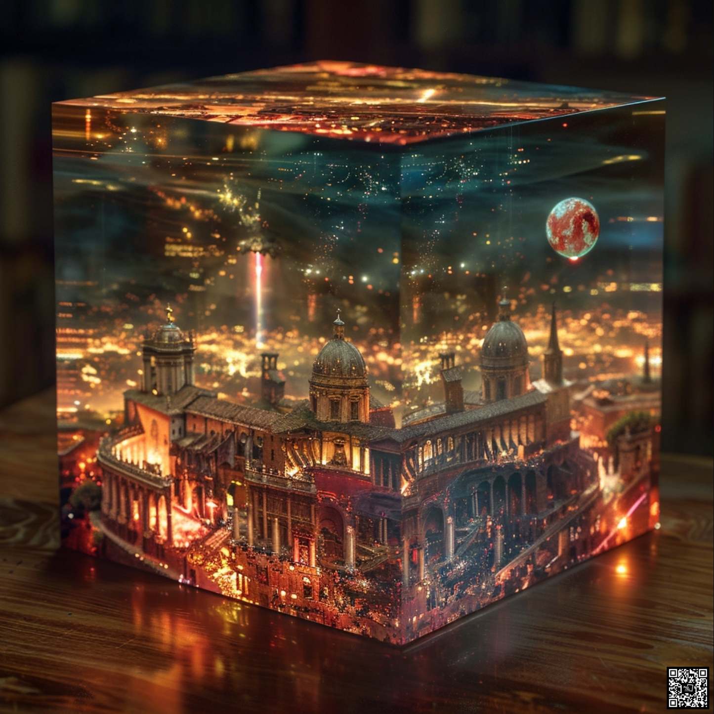 Sci fi cosmic diarama of Rome in a resin cube