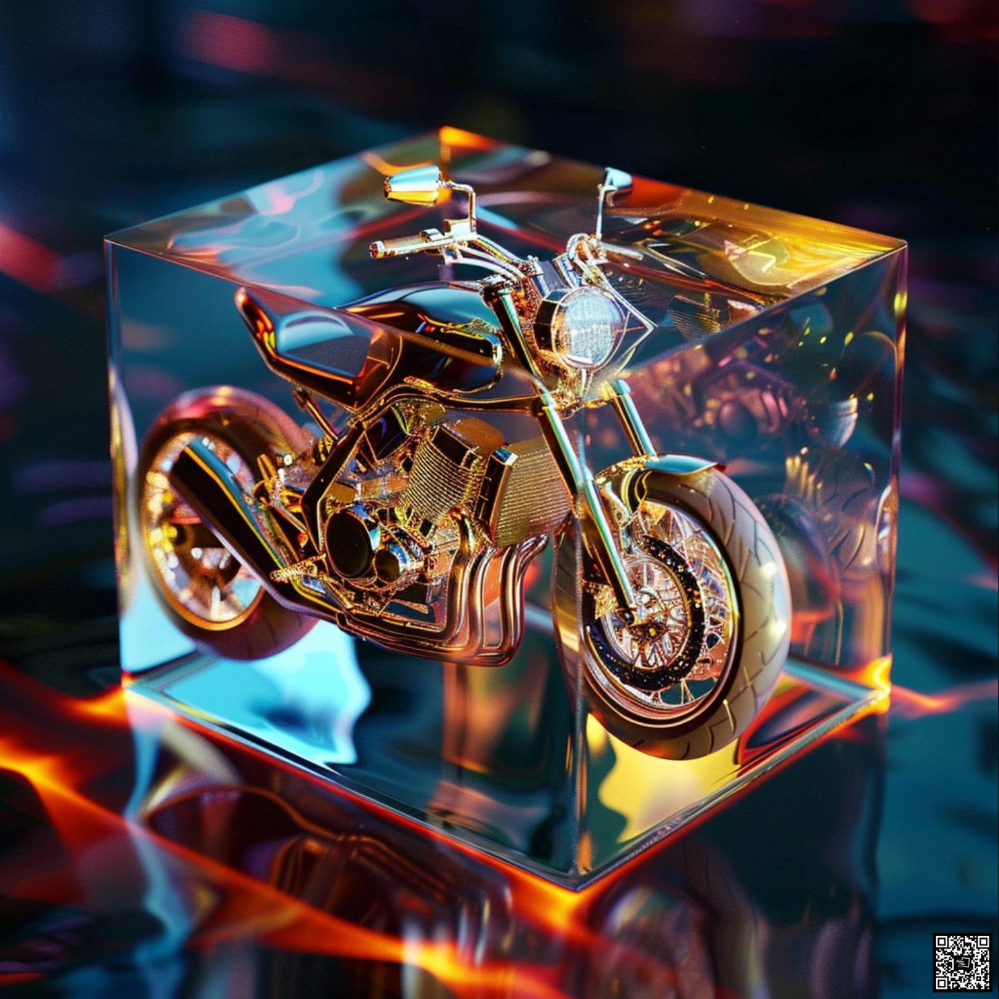 Sci fi cosmic diarama of speed motorcycle in a resin cube