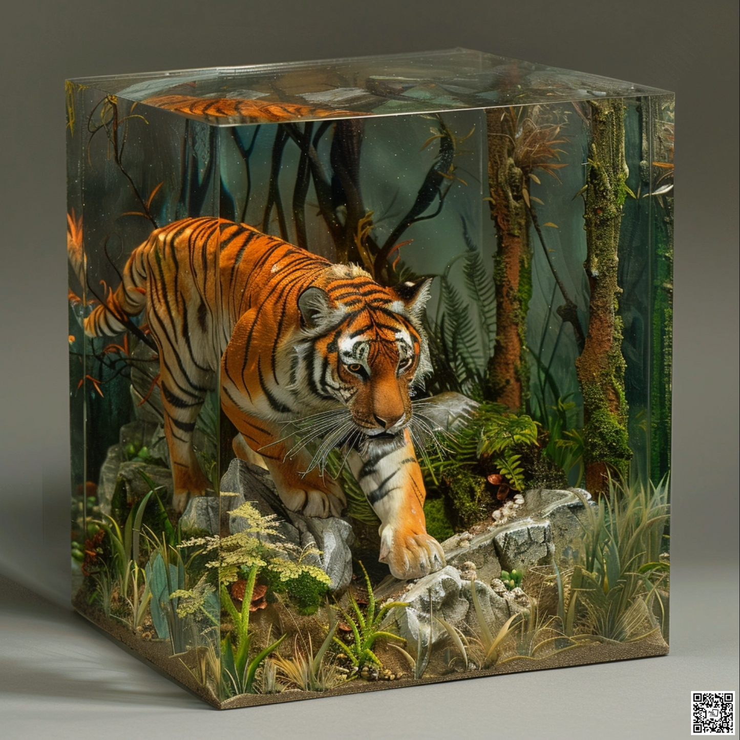 Sci fi cosmic diarama of tiger animal in a resin cube