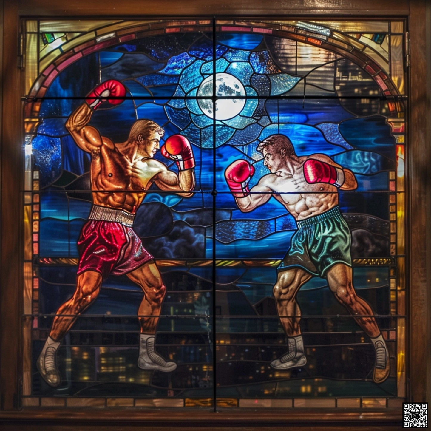 Stained glass window of boxing under the moon