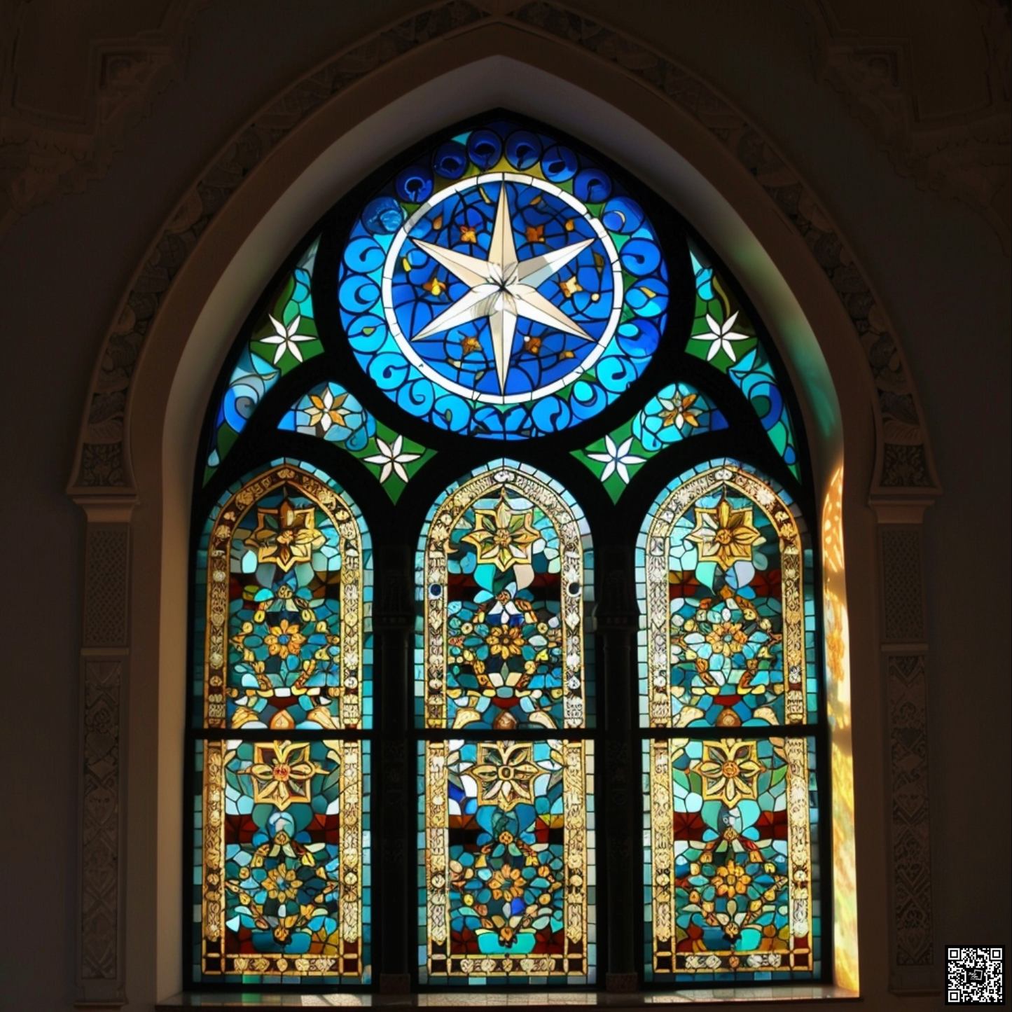 Stained glass window of islam religion under the moon