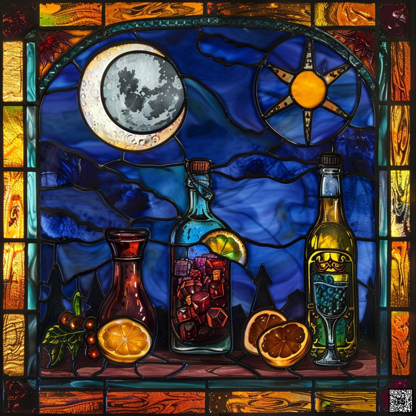 Stained glass window of vodka the drink under the moon
