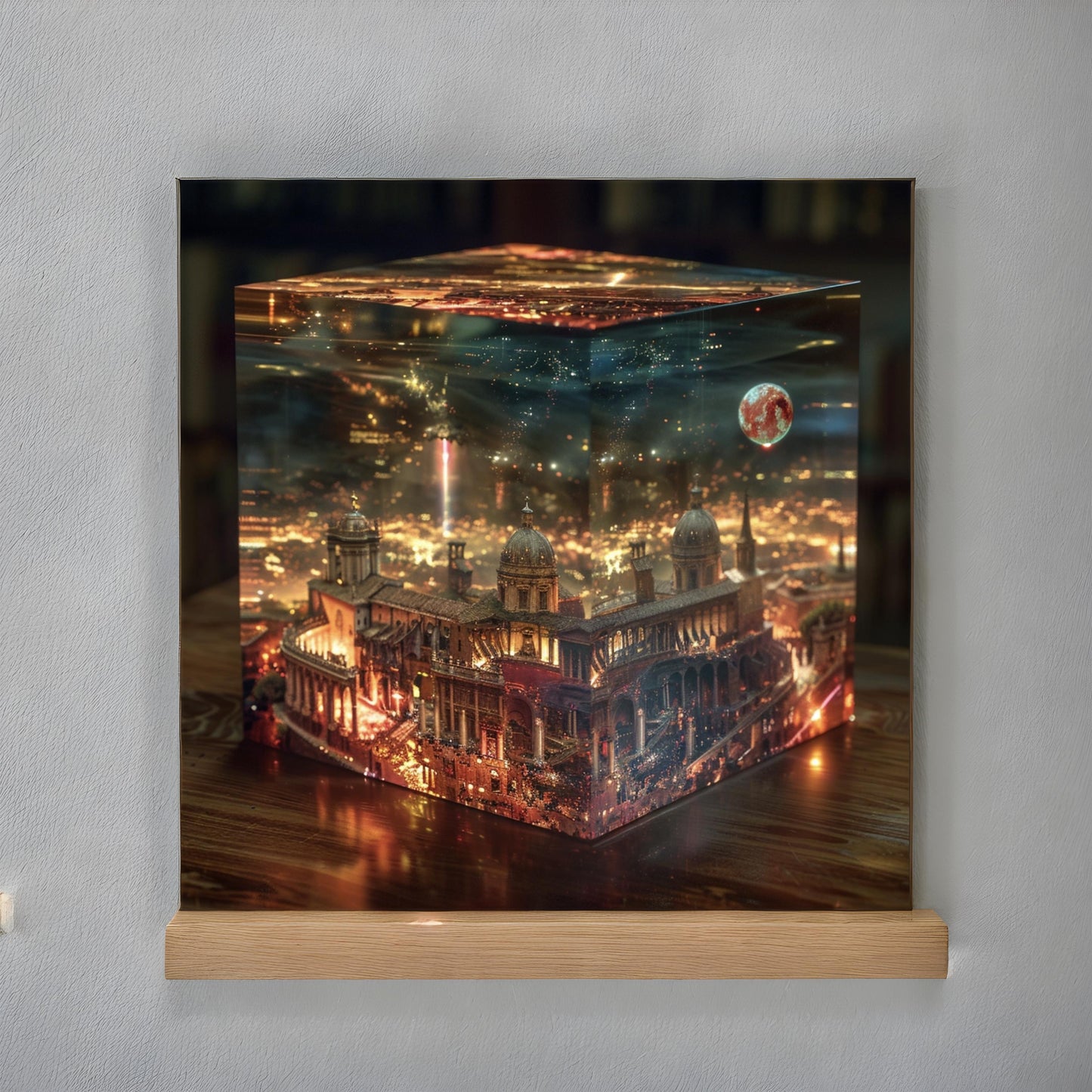 Sci fi cosmic diarama of Rome in a resin cube