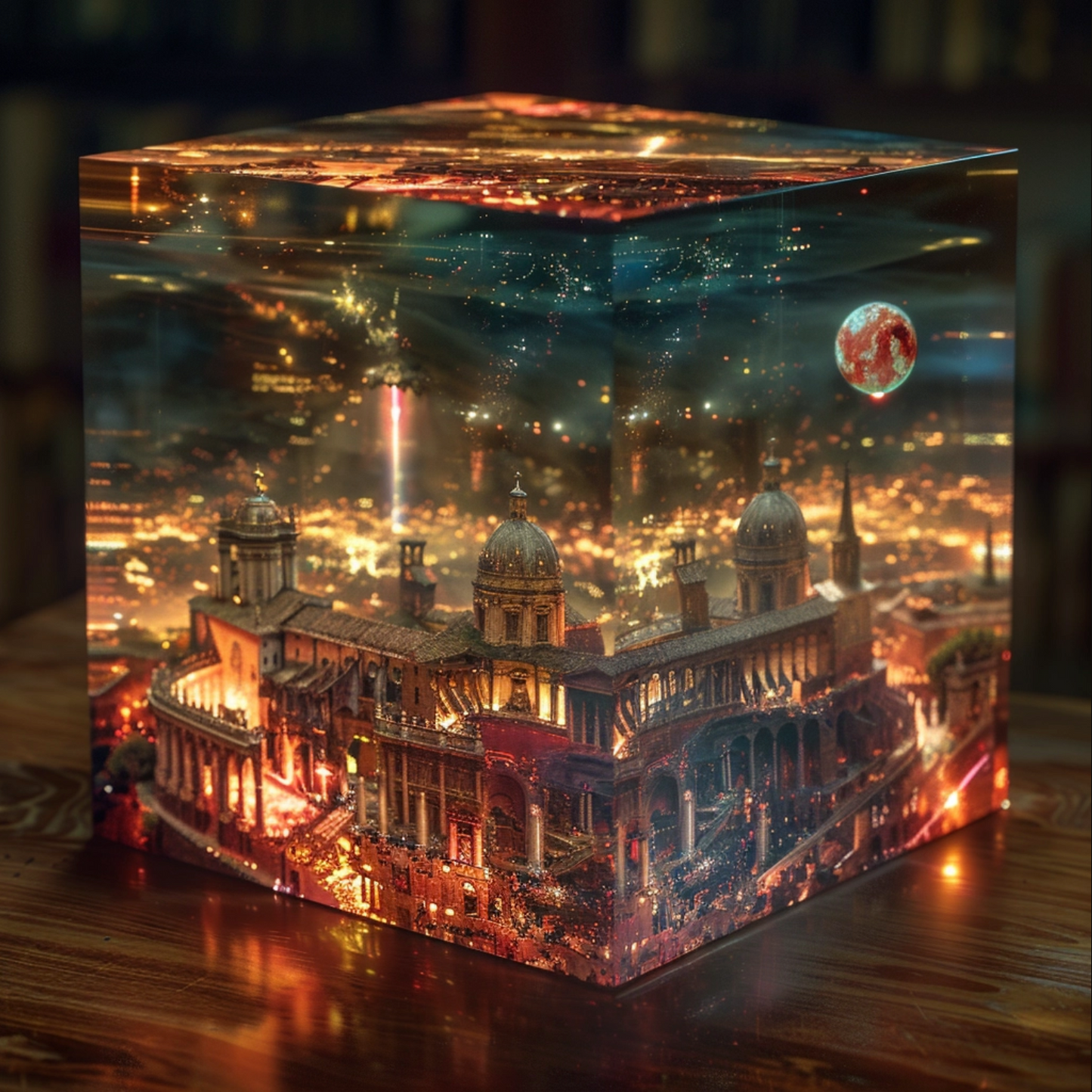 Sci fi cosmic diarama of Rome in a resin cube