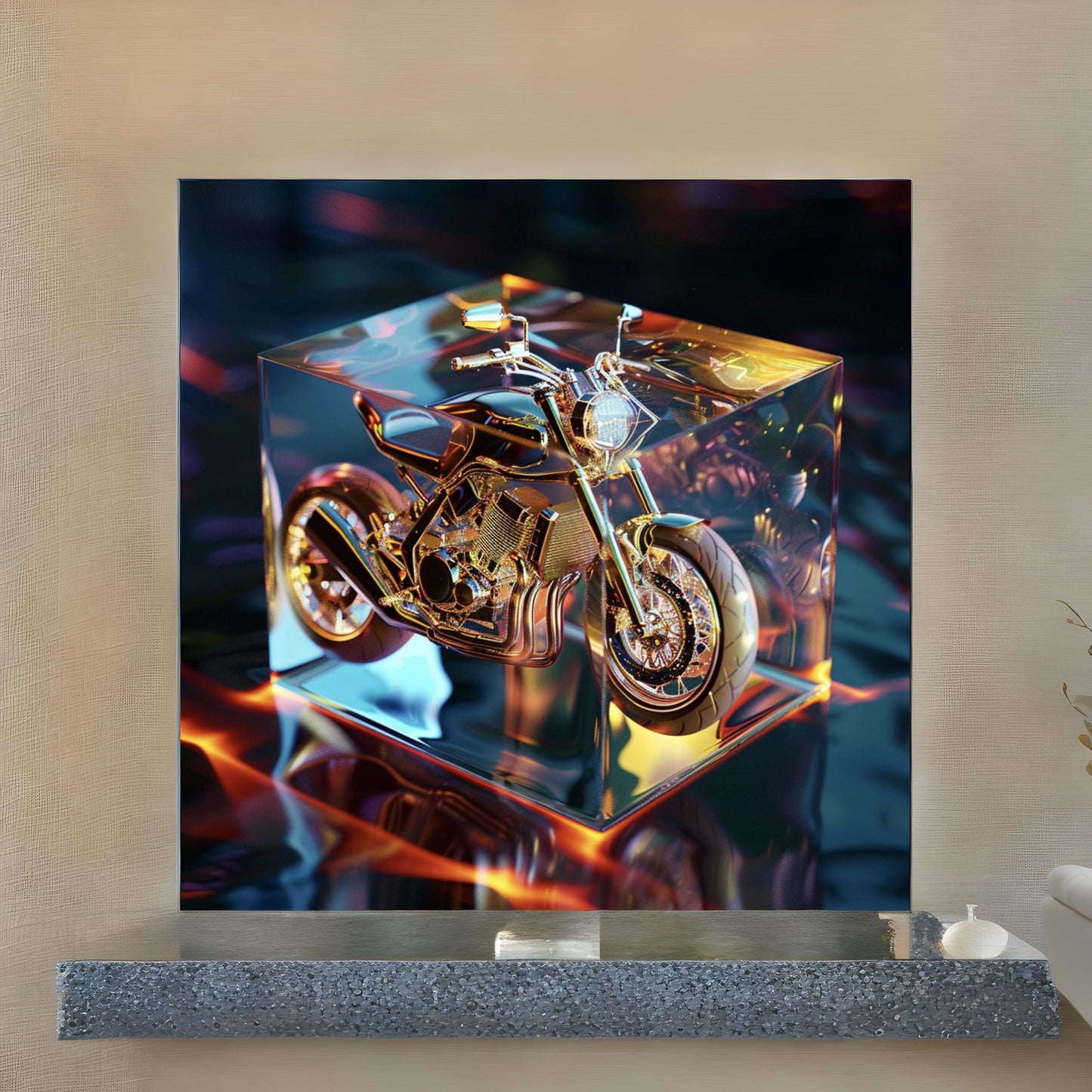 Sci fi cosmic diarama of speed motorcycle in a resin cube