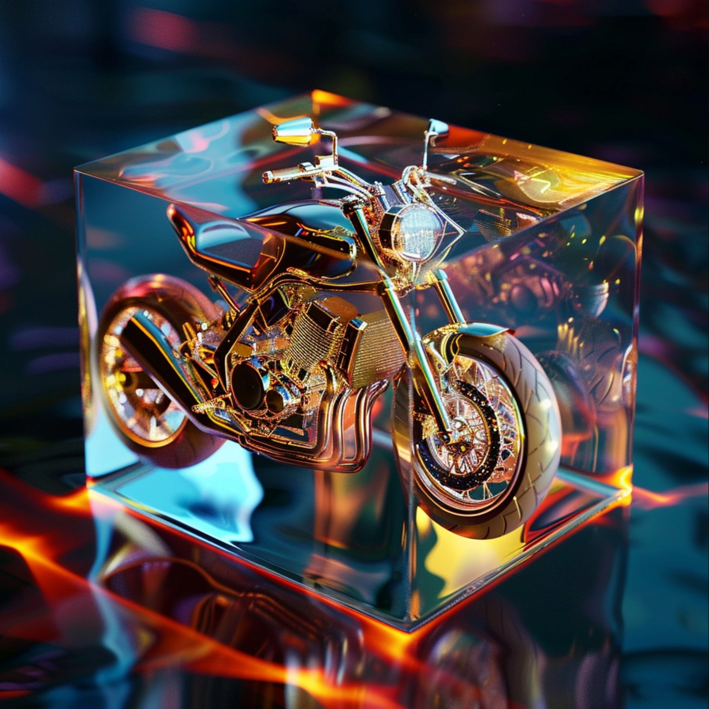 Sci fi cosmic diarama of speed motorcycle in a resin cube
