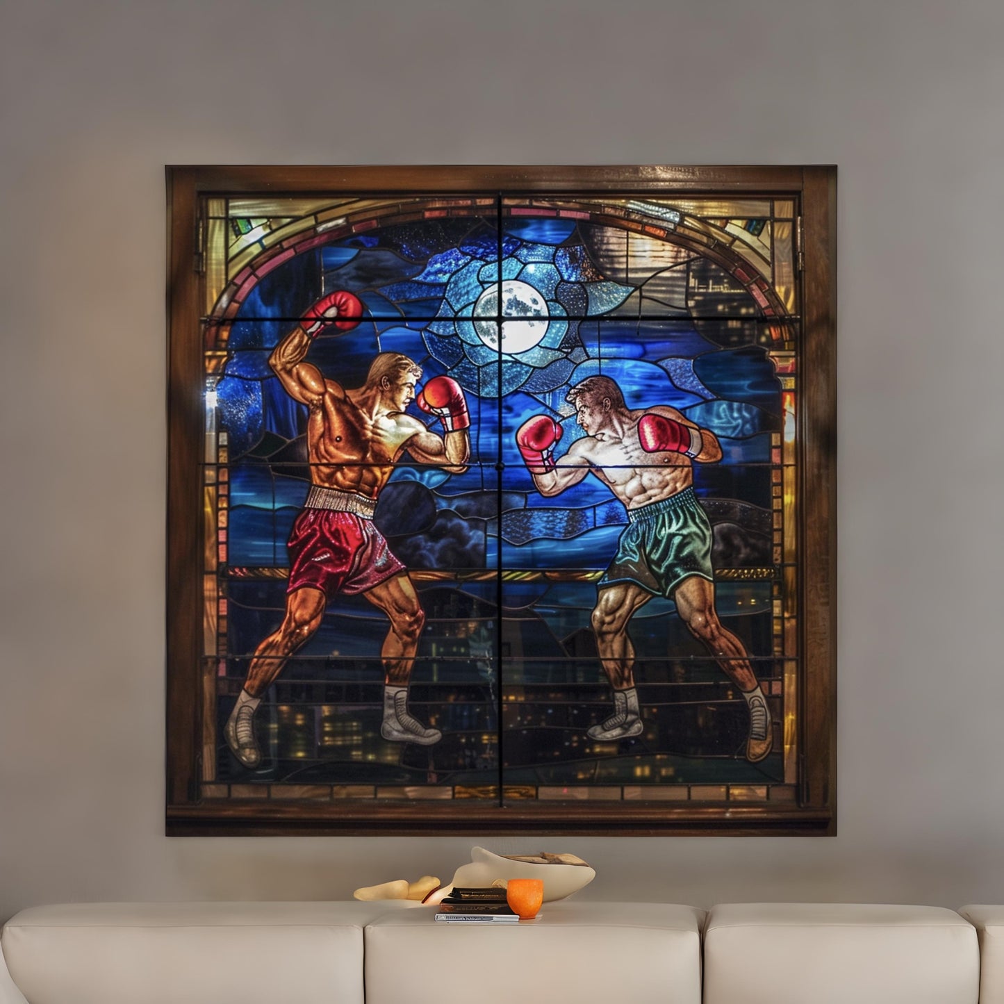 Stained glass window of boxing under the moon