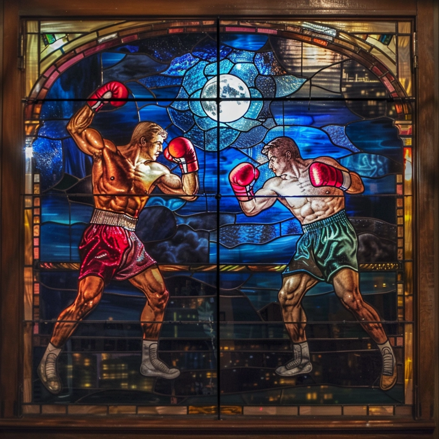 Stained glass window of boxing under the moon