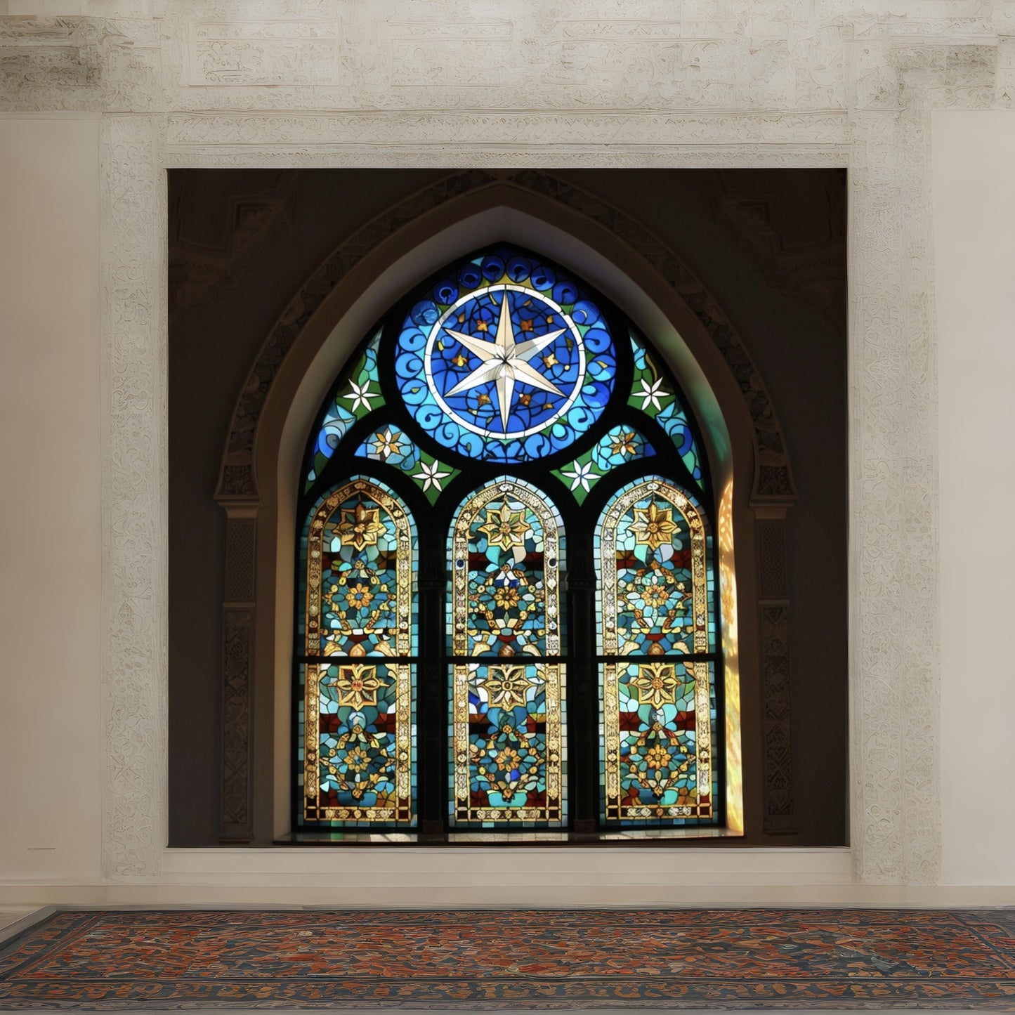 Stained glass window of islam religion under the moon