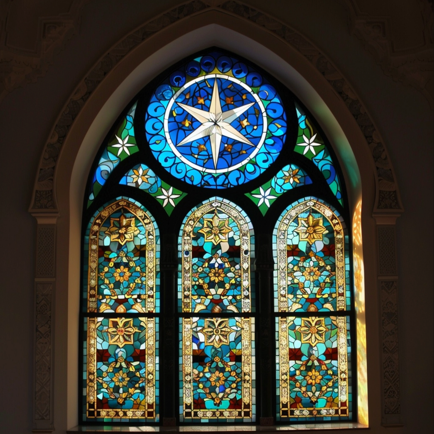 Stained glass window of islam religion under the moon