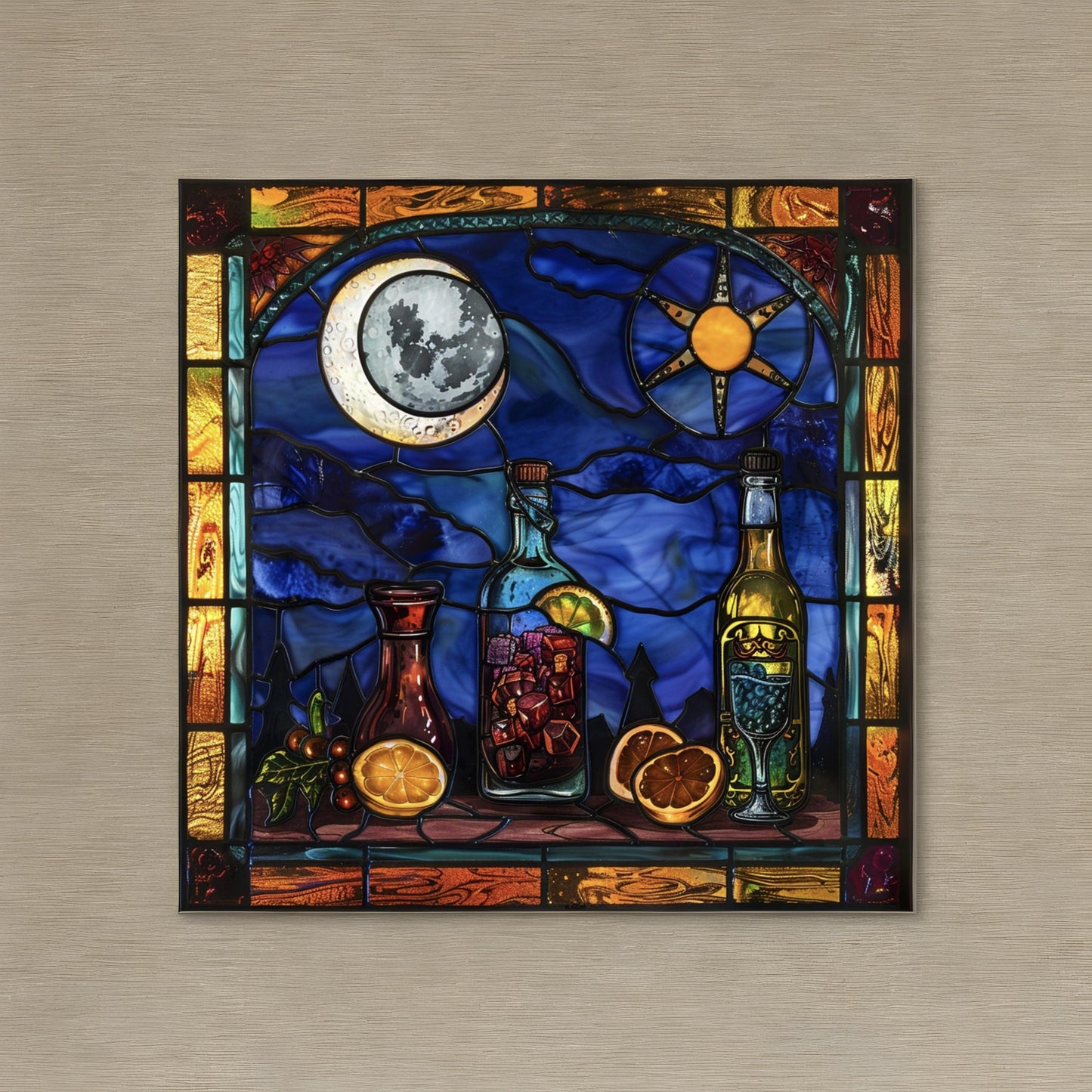 Stained glass window of vodka the drink under the moon