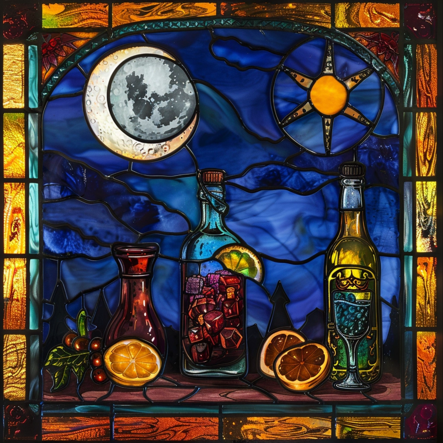 Stained glass window of vodka the drink under the moon
