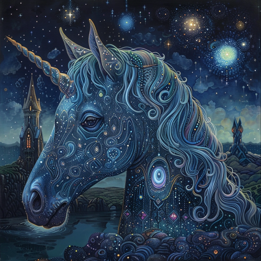 A blue starry horse animal by night