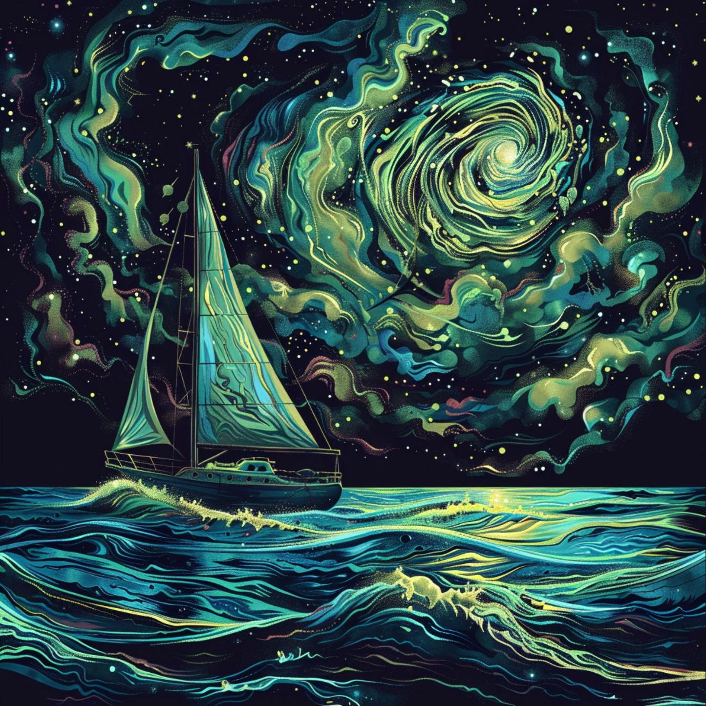 A blue starry sailboat by night