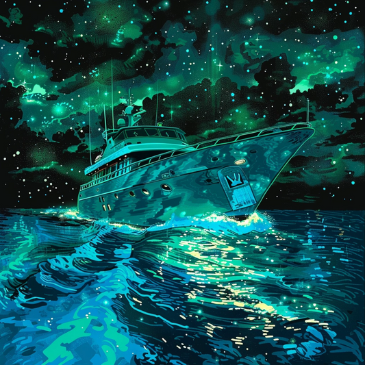 A blue starry yacht by night