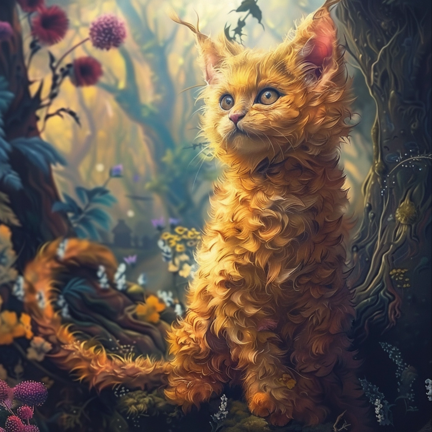 A magical dreamlike cat animal in the style of Hayao Miyazaki