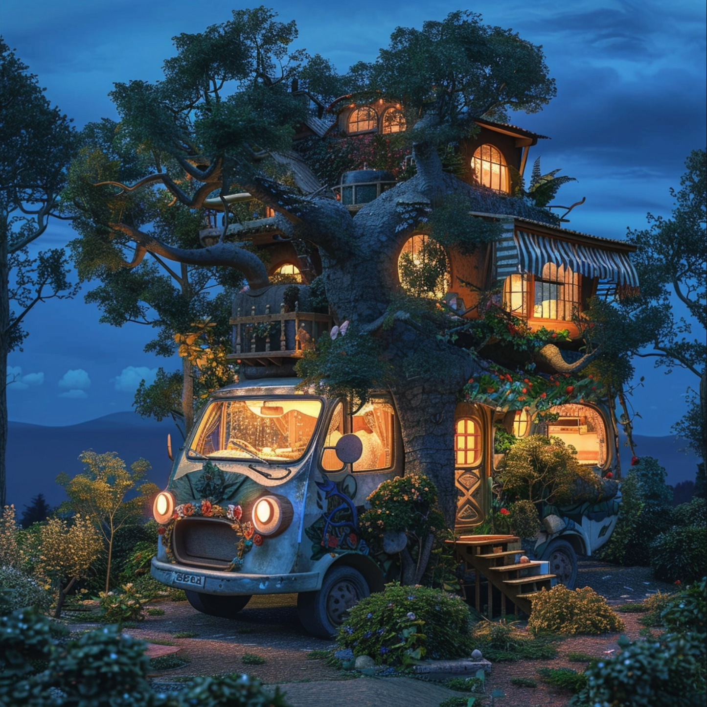 A magical dreamlike motorhome in the style of Hayao Miyazaki