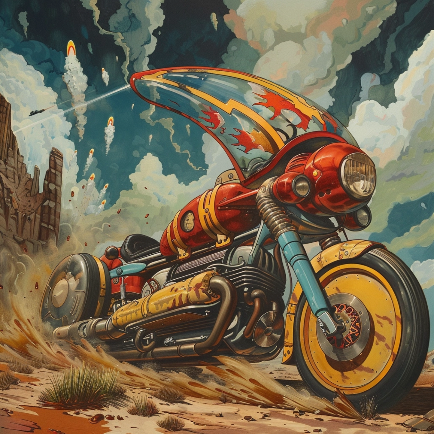 A whimsical retro comic book cross motorcycle in the style of Mad Magazine