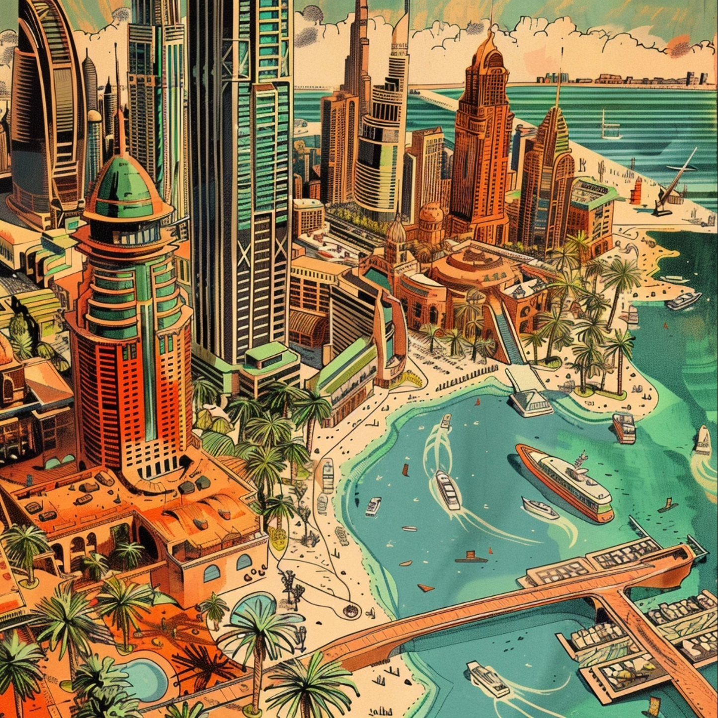 A whimsical retro comic book Dubai in the style of Mad Magazine