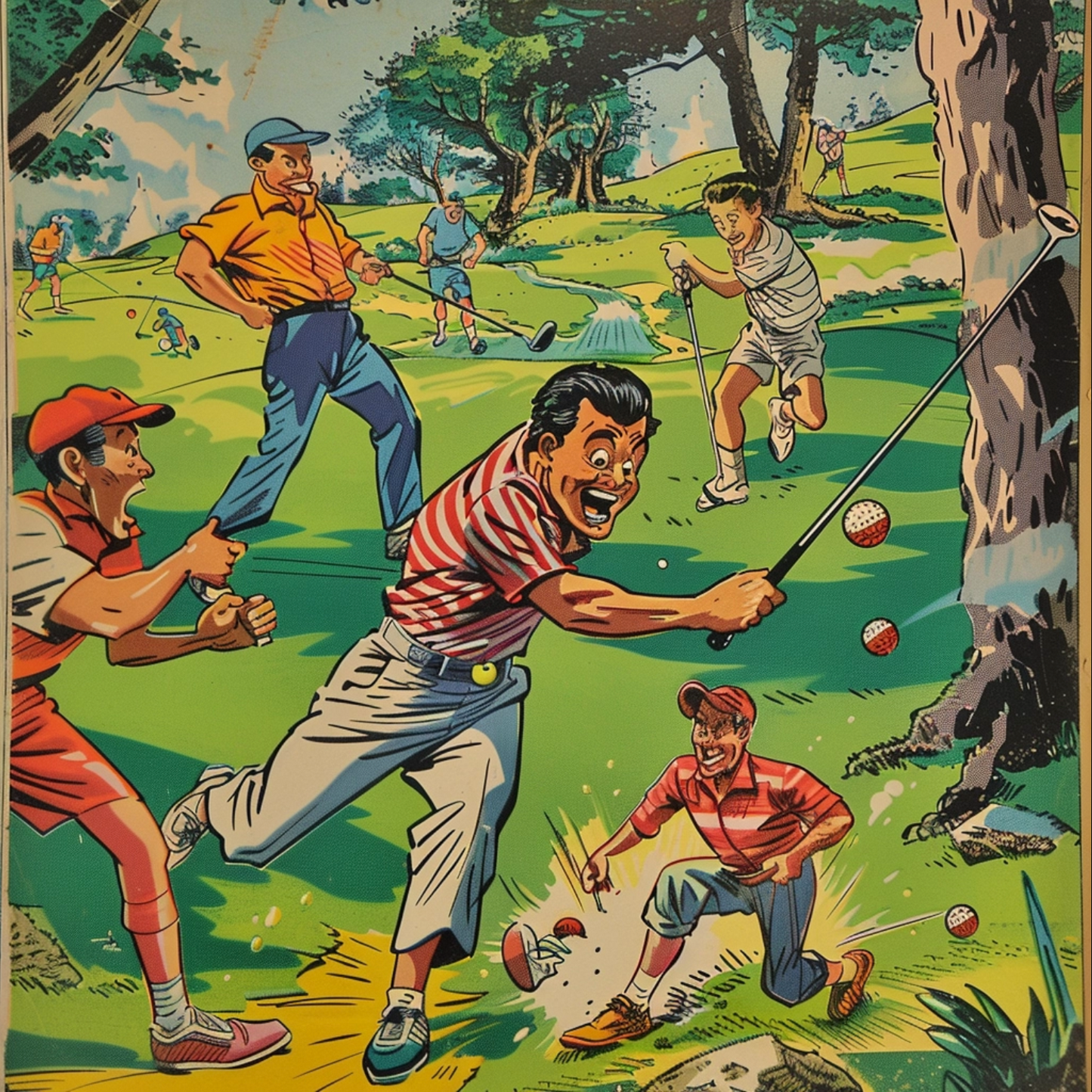 A whimsical retro comic book golf in the style of Mad Magazine