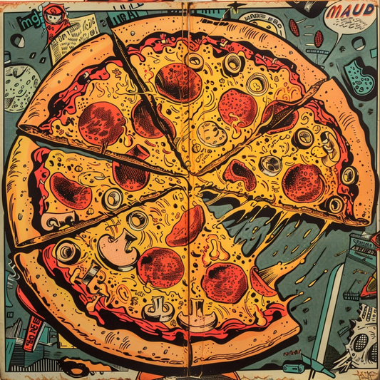 A whimsical retro comic book pizza in the style of Mad Magazine