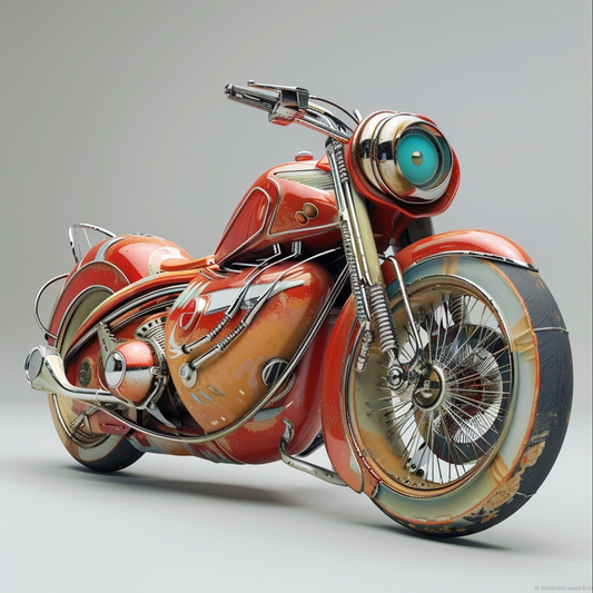 A whimsical retro comic book sidecar motorcycle in the style of Mad Magazine