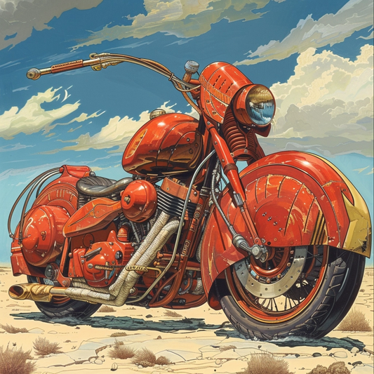 A whimsical retro comic book sidecar motorcycle in the style of Mad Magazine